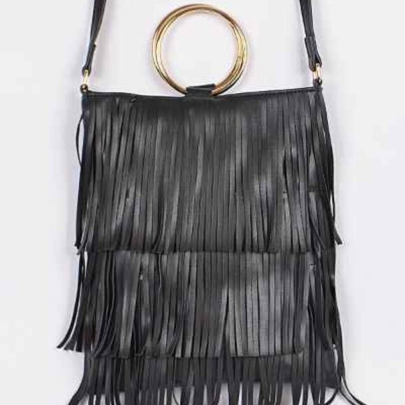 Fringe Tiered /Tassel/ Gold Hoop / Bohemian Crossbody/ Retro 70s - Black - NWT - Picture 2 of 9